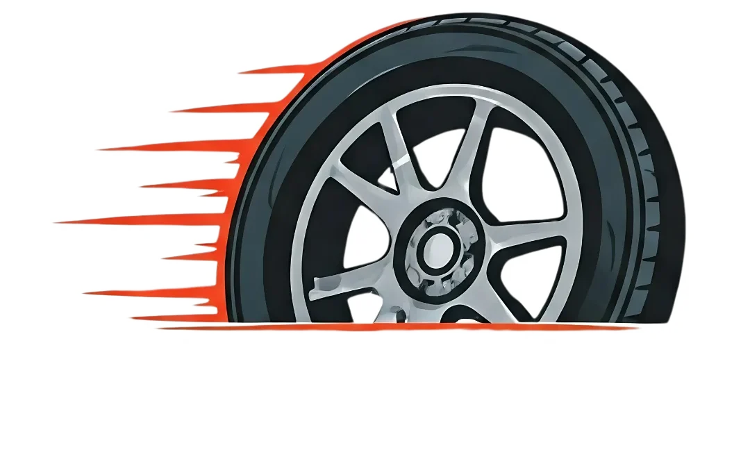 Stylized image of a tire with motion lines, representing Quick Change Tires' mobile automotive services for tire replacement and repair.