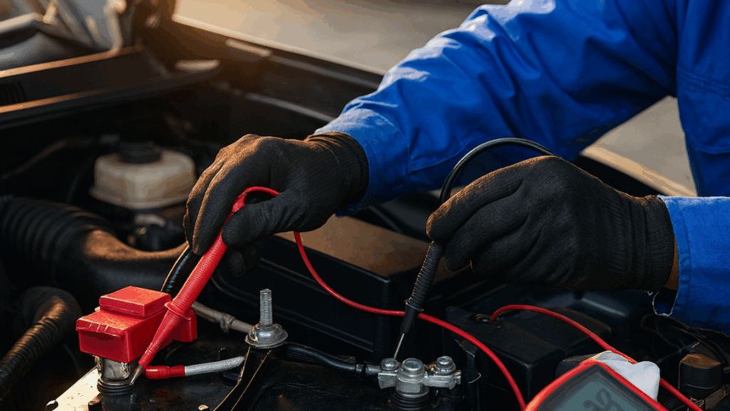 Mechanic performing mobile battery diagnostics on a car battery, using multimeter probes to check battery connections and health for reliable vehicle performance.