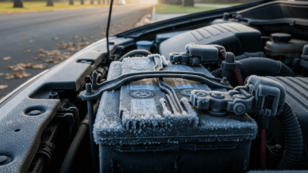 Frost-covered car battery under the hood, illustrating winter conditions affecting vehicle performance in Murrieta.