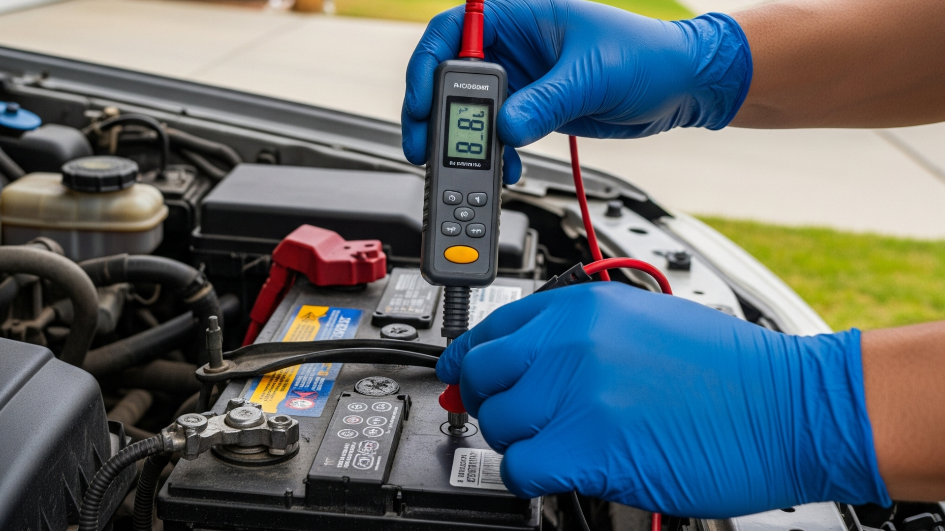 Person testing a car battery with a multimeter, wearing blue gloves, showcasing mobile battery service in Murrieta.