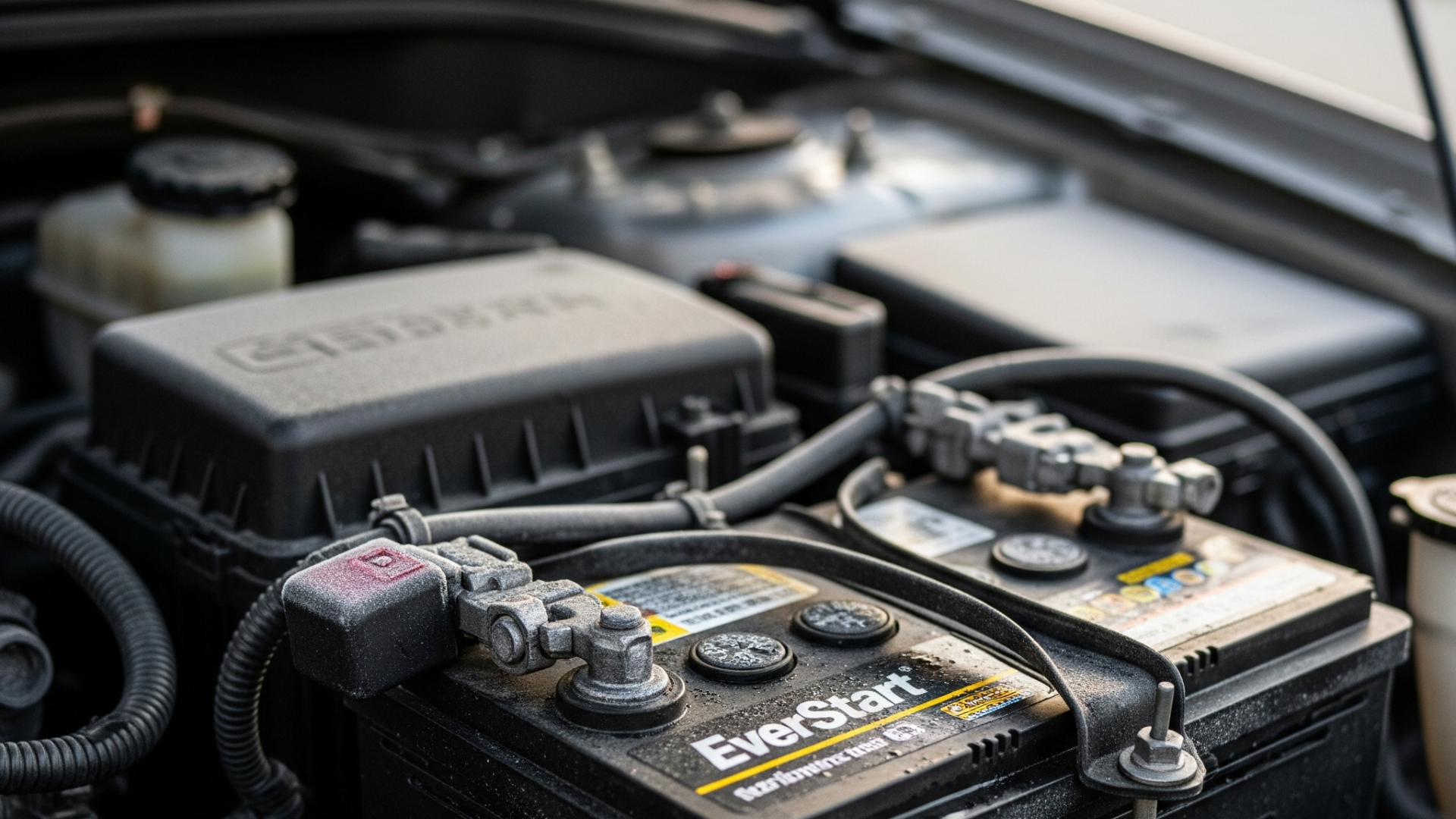 Close-up of EverStart car batteries under a vehicle hood, highlighting battery terminals and surrounding components, relevant to winter battery performance issues in Murrieta.