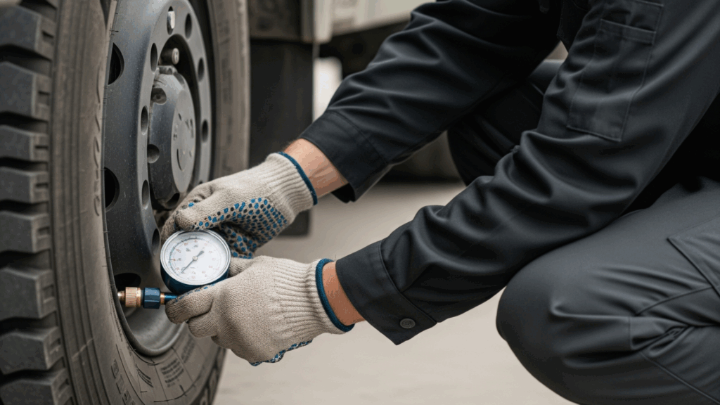 Technician checking tire pressure with a gauge during a tire inspection for automotive maintenance.