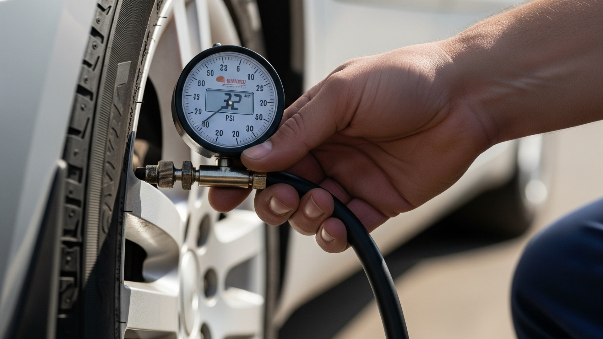 Person using a tire pressure gauge to check air pressure on a vehicle tire, emphasizing the importance of regular tire inspections for safety and performance.