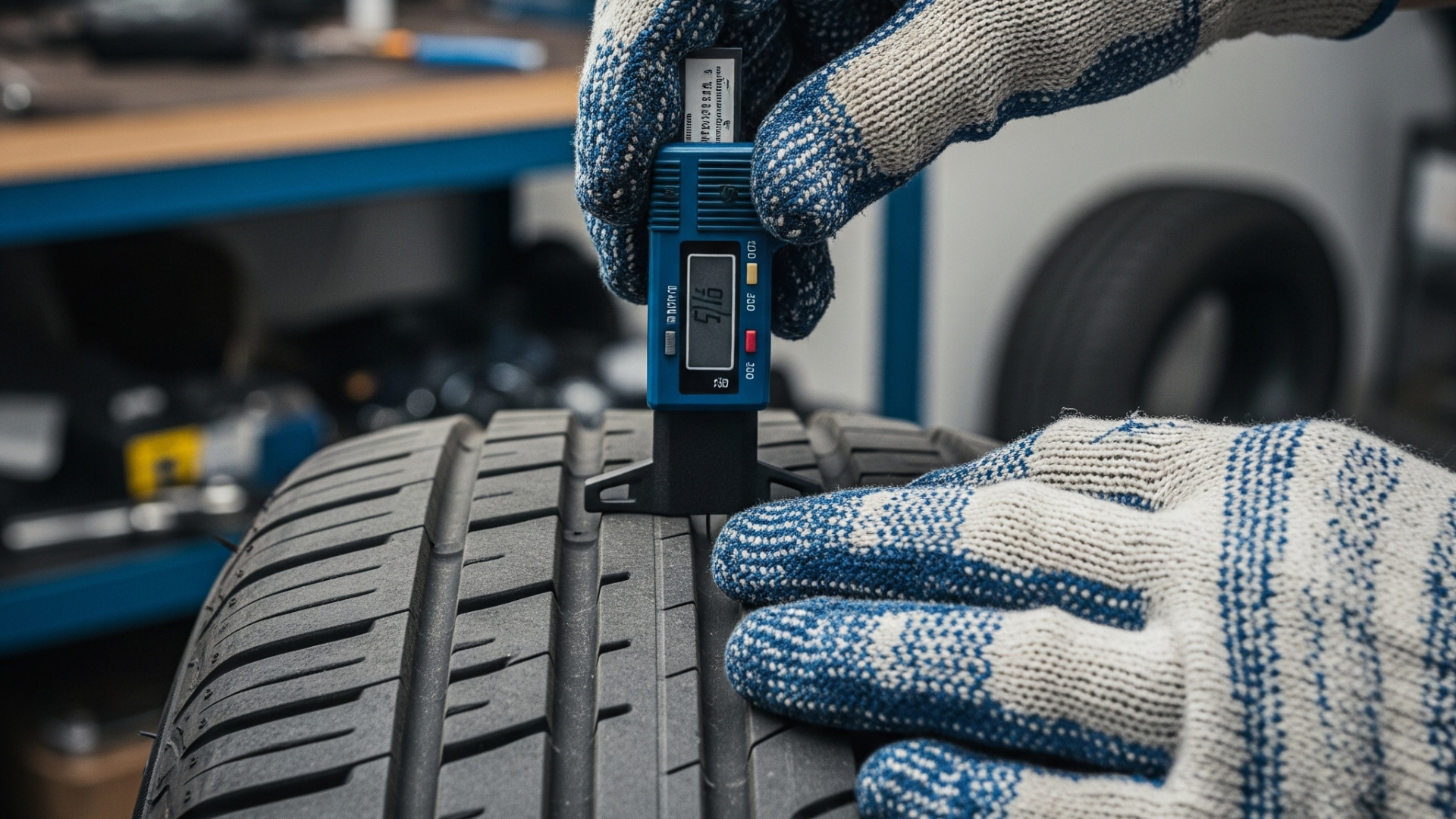 Person using a tire tread depth gauge on a tire during an inspection, highlighting the importance of regular tire maintenance for vehicle safety and performance.